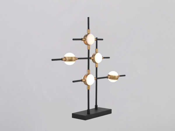 Molecular asztali lámpa fekete és arany színekben, 3000 K meleg fényű LED világítással, modern design