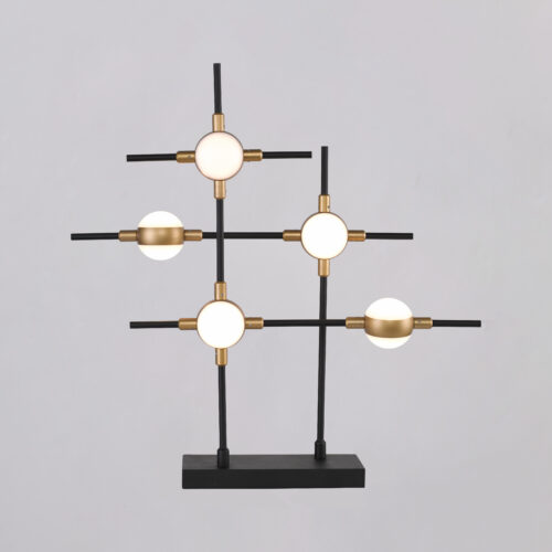 Molecular asztali lámpa fekete és arany színekben, 3000 K meleg fényű LED világítással, modern design