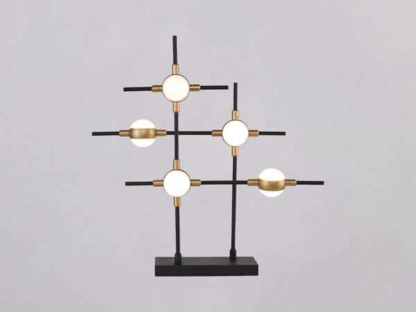 Molecular asztali lámpa fekete és arany színekben, 3000 K meleg fényű LED világítással, modern design
