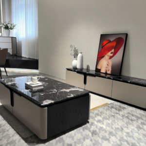 Elegáns modern TV unit prémium márvány fedlappal minimalista enteriőrben