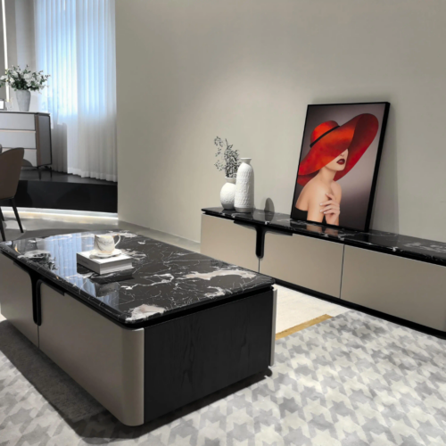 Elegáns modern TV unit prémium márvány fedlappal minimalista enteriőrben