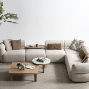 ALFA moduláris sarokülőgarnitúra lerakóasztallal bézs színben modern nappaliban