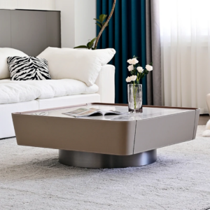 RIVA bőrrel bevont dohányzóasztal márvány mintás kőlappal