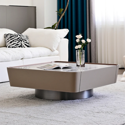 RIVA bőrrel bevont dohányzóasztal márvány mintás kőlappal