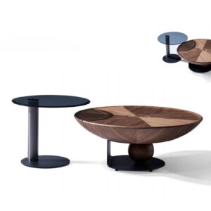 ARK dohányzóasztal szett fa furnér, fém és üveg kombinációval. Két asztalból álló modern design szett nappaliba.