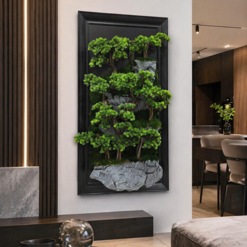 3D bonsai falinstalláció modern nappaliban, valódi fa törzzsel, prémium faldekoráció 140x70 cm