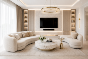 Champagne gold részletek modern glamour nappaliban Luxus hotel hangulatú nappali bézs és arany enteriőrrel