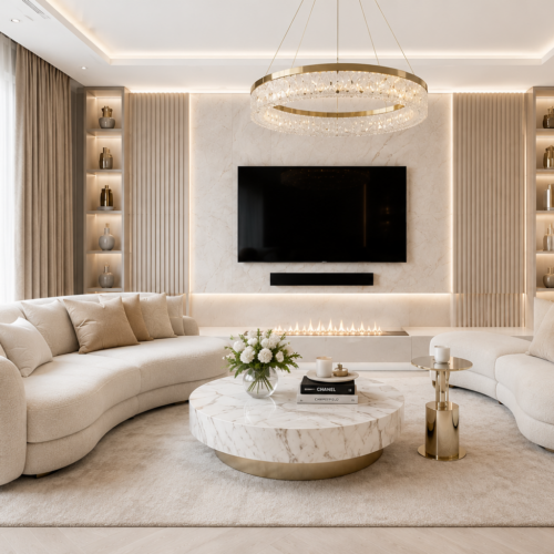 Luxus hotel hangulatú nappali bézs és arany enteriőrrel