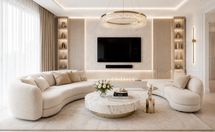 Luxus hotel hangulatú nappali bézs és arany enteriőrrel