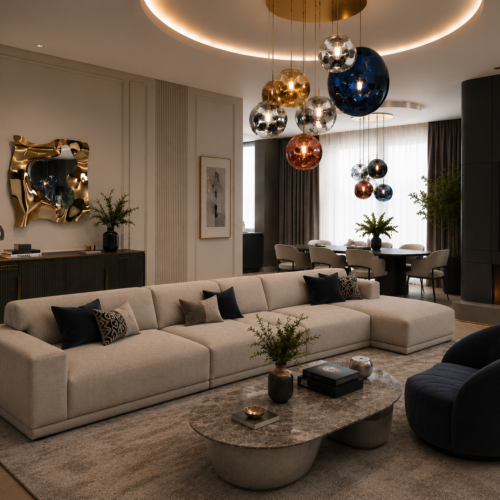 luxus nappali étkező egy térben Pomáz családi ház egyedi lakberendezés Luxury Home