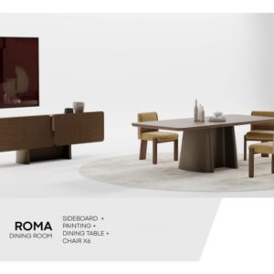 ROMA prémium étkezőszett 240 cm-es étkezőasztallal, 6 kárpitozott székkel, tálalószekrénnyel és design faliképpel.