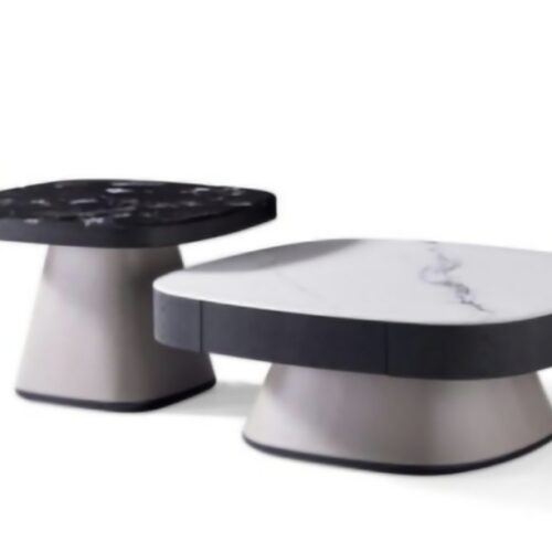 MARALIS modern dohányzóasztal szett, 2 részes prémium dohányzóasztal organikus formával, világos és sötét márványhatású asztallappal. Elegáns design dohányzóasztal modern és luxus nappaliba.